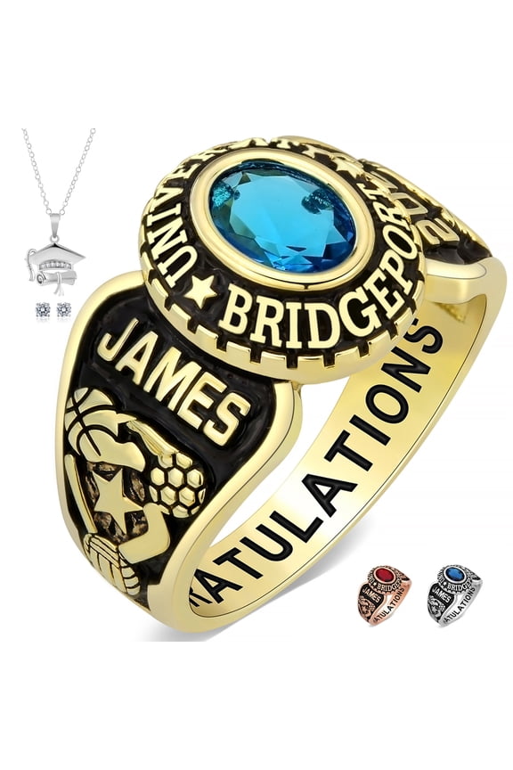 Fully Personalized Customized class rings Sterling Silver Women's High School and College Class Ring Classic Collection (Sterling Silver - Gold Plated)