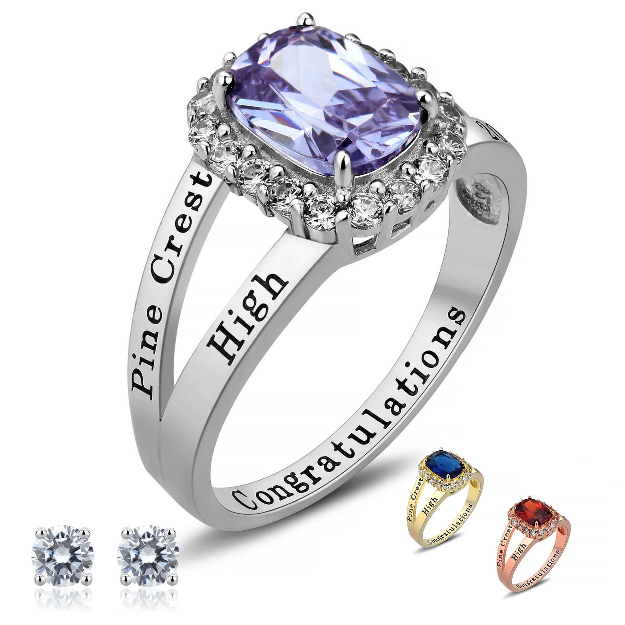 Ccjcinata Oval Shape Purple Stone Amethyst Class Ring, Sterling Silver, Includes Ear Studs and Gift Box