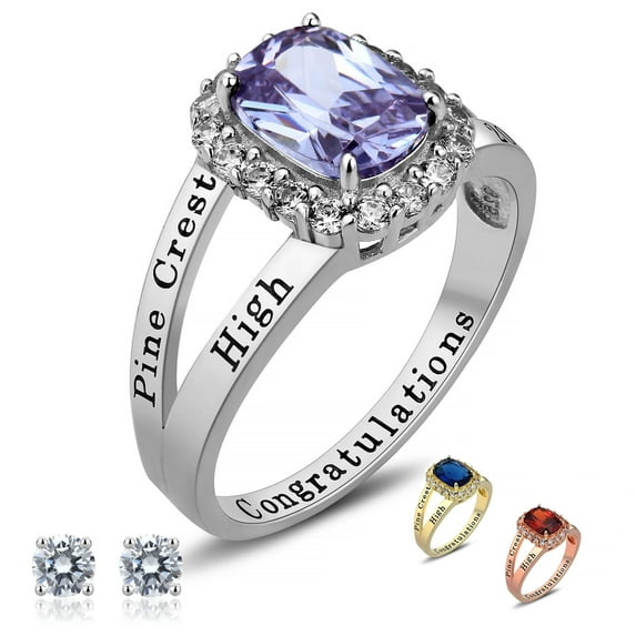 Ccjcinata Oval Shape Purple Stone Amethyst Class Ring, Sterling Silver, Includes Ear Studs and Gift Box