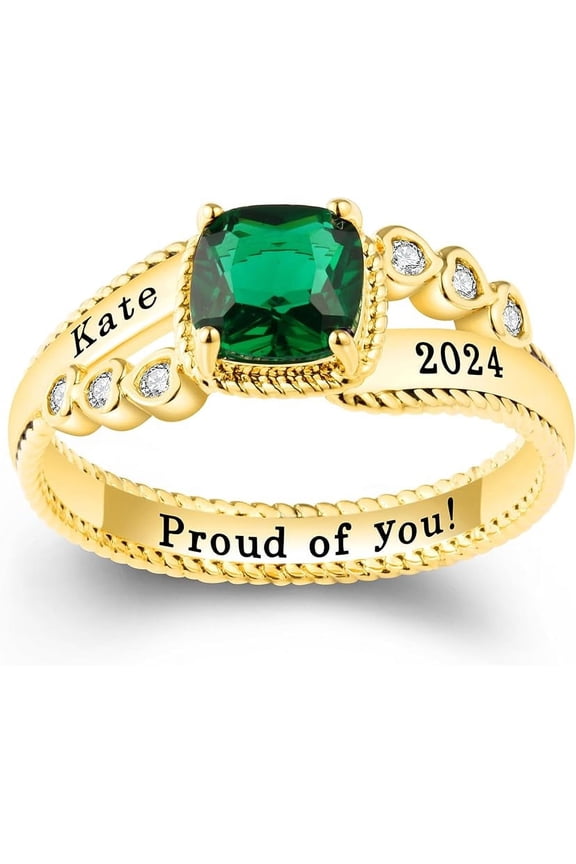 Personalized Custom Class Rings Cubic Zirconia Birthstone Rings Class Rings for Women High School 925 Sterling Silver Women's Rings Women's Class Rings Size 5-15 Graduation Rings for Women