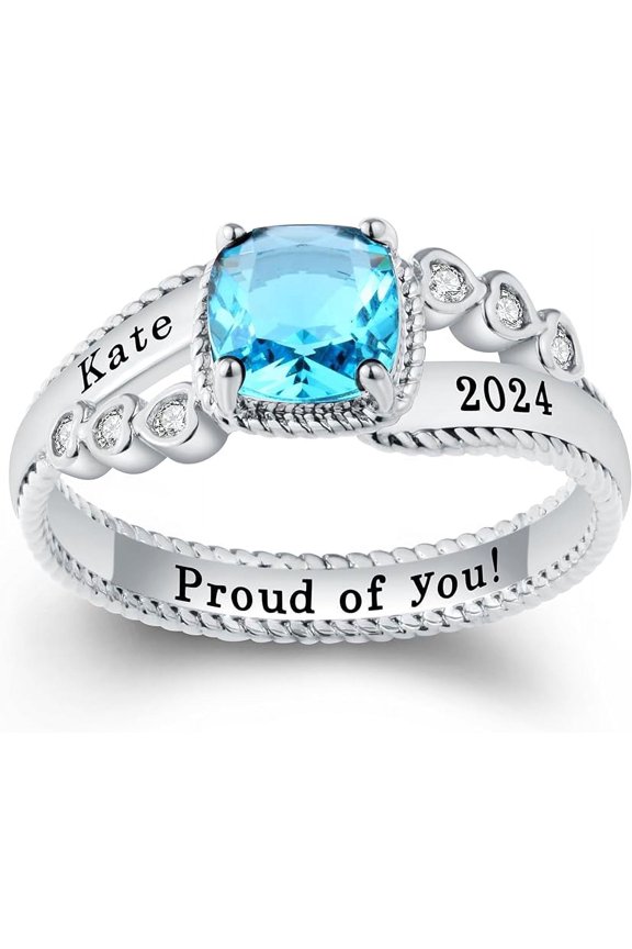 Personalized Custom Class Rings Cubic Zirconia Birthstone Rings Class Rings for Women High School 925 Sterling Silver Women's Rings Women's Class Rings Size 5-15 Graduation Rings for Women