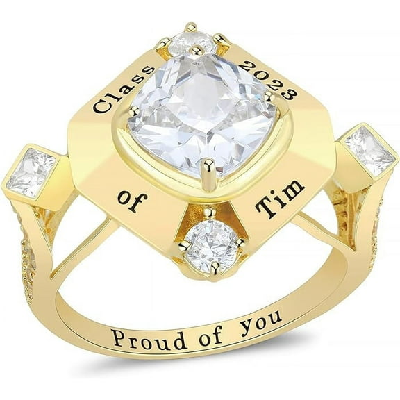 Ccjcinata-Sterling Silver Cubic Zirconia Class Rings for women Class Rings for women high school Customizable-Deluxe Class Ring of 2024(Sterling Silver - Gold Plated)