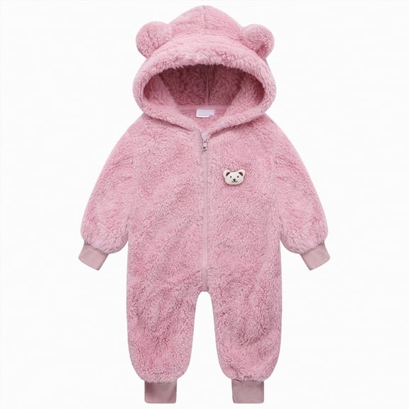 Ccpelsie Baby Girl Boy Fleece Thicken Romper Winter Plush Jumpsuit Long Sleeve Bear Ear Hooded Zipper Onesie for (Pink,12-18 Months)