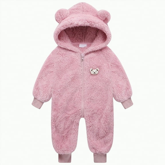 Ccpelsie Baby Snowsuit Bear Ear Hooded Jumpsuit Fleece Romper Zipper Winter Coat Outfits for Girl and Boy(Pink,12-18 Months)