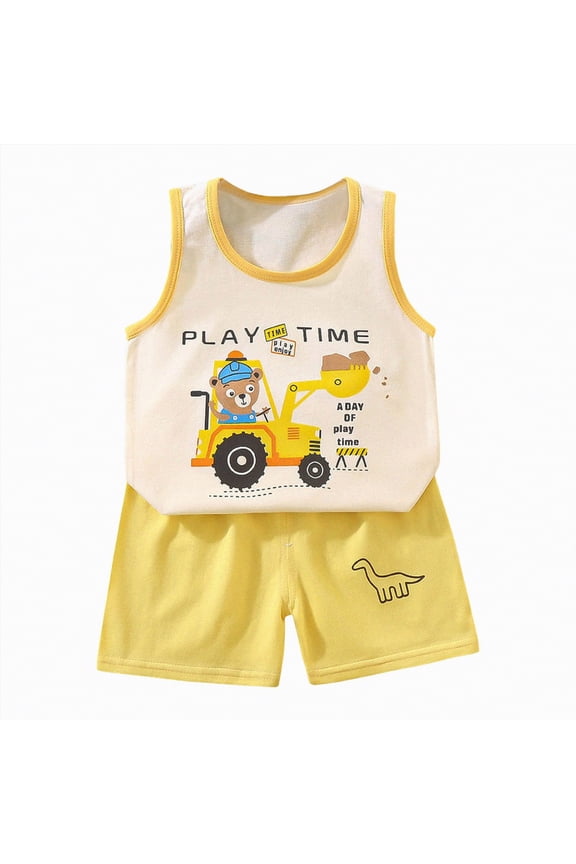 Boy Summer Clothes Tropical Palm Tree Print T-shirt Shorts Set Toddler Hawaiian Beach Outfits(Light Yellow,5-6 Years)