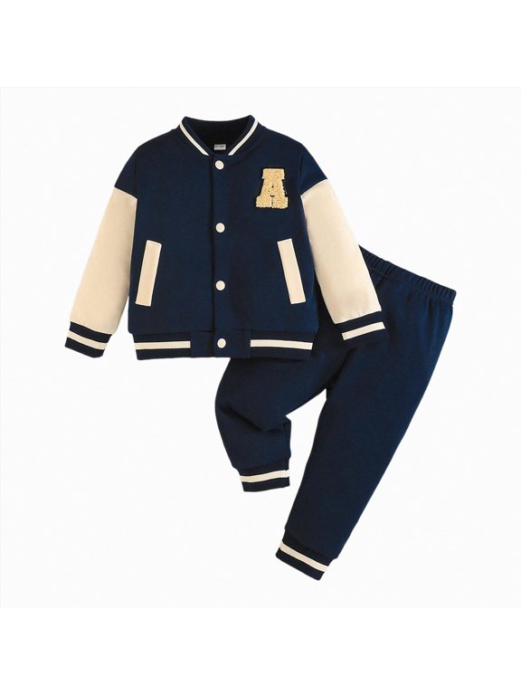 Boy's Pants Set - 2 Piece Fall Outfits ColorBlock Long Sleeve and Pants Casual Clothes for Little/Big Kid(Dark Blue,18-24 Months)