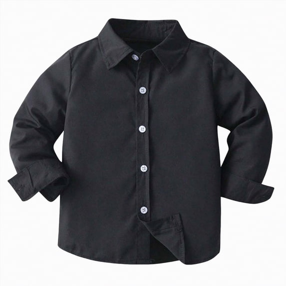 Ccpelsie Boys Button Down Shirt Long Sleeve Solid Dress Shirt with Point Collar for Uniform Casual Wear Holidays and Family Photos(A-Black,2-3 Years)