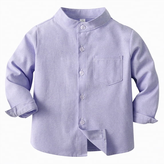 Ccpelsie Boys Button Down Shirt Long Sleeve Solid Dress Shirt with Point Collar for Uniform Casual Wear Holidays and Family Photos(A-Light Purple,4-5 Years)