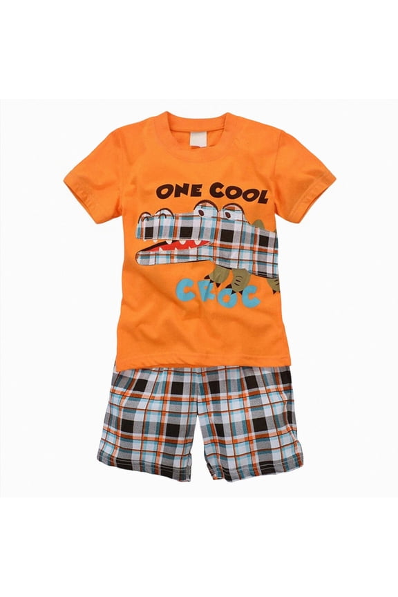 Boys Clothes 2 Piece Print Short Sleeve T-Shirt Tops & Shorts Set Casual Kids Boys Summer OutfitOrange,7-8 Years