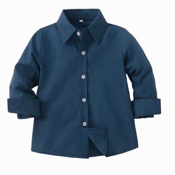 Ccpelsie Boys Dress Shirt Long Sleeve Solid Button Down Collared Shirt for School Church Weddings and Casual Wear Easy Care Machine Washable(A-Navy,4-5 Years)