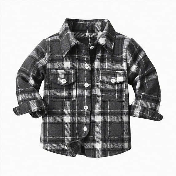 Ccpelsie Boys Girls Casual Button Down Shirts Kids Long Sleeve Plaid Blouses Shirts Fall Winter Clothes(Black,6-7 Years)