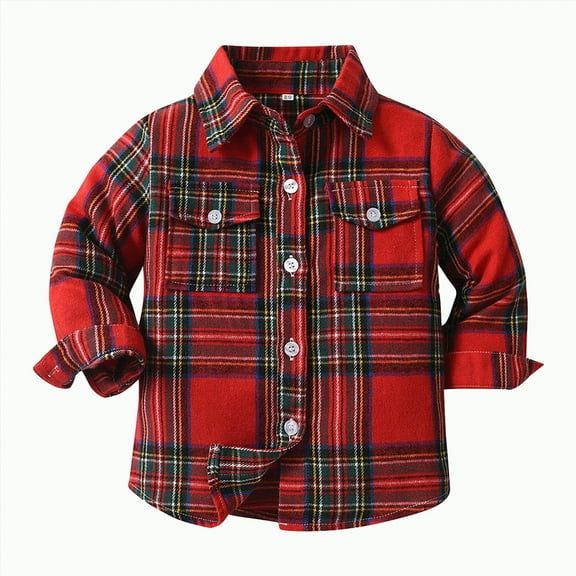Ccpelsie Boys Girls Long Sleeve Plaid Button Up Shirt Kids Casual Button Down Shirts Tops with Pockets(Red,6-12 Months)