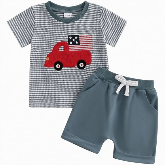 Ccpelsie Boys Summer Clothing Sets Cute Cartoon Short Sleeve Tee and Shorts Casual Outfits for 5-12 Years(Blue,6-12 Months)