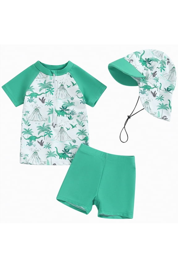 Boys Swim Set - 2 Piece Short Sleeve Swim Shirt Graphic Tees & Board Shorts Toddler Little Boys Swimsuit(Green,3-4 Years)