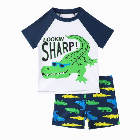 Ccpelsie Boys Swimsuit Short Sleeve Rash Guard Swimwear Boy Swim Trunk Set 2 Piece Toddler Bathing Suit(White,6-7 Years)