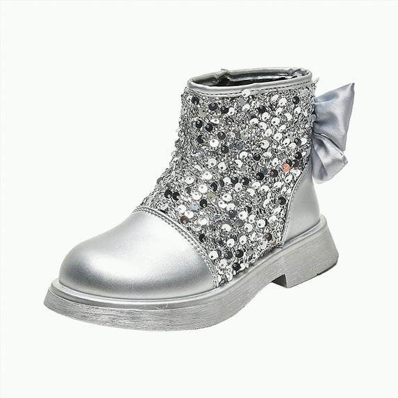 Ccpelsie Casual Fashion Girls Boots Ankle Low Heel Dress Kids Booties Outdoor Shoes(Silver,11)