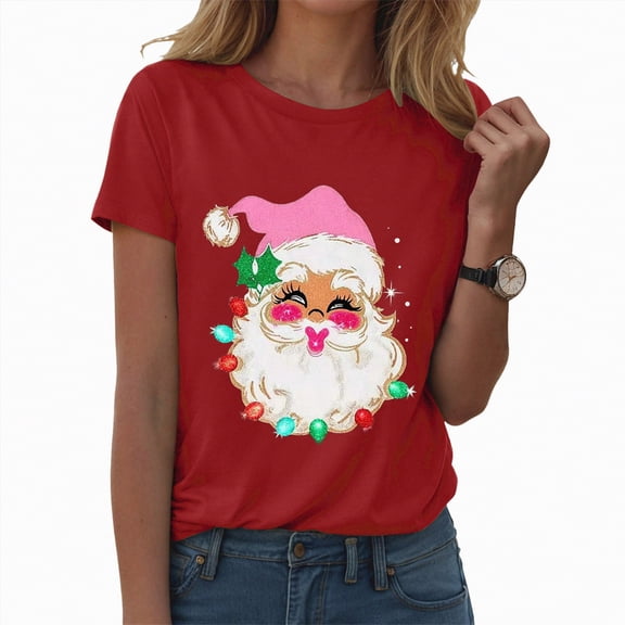 Ccpelsie Christmas Shirts for Women Merry Christmas Trees Printed T-Shirt Cute Xmas Holiday Tee Tops(Red,XL)