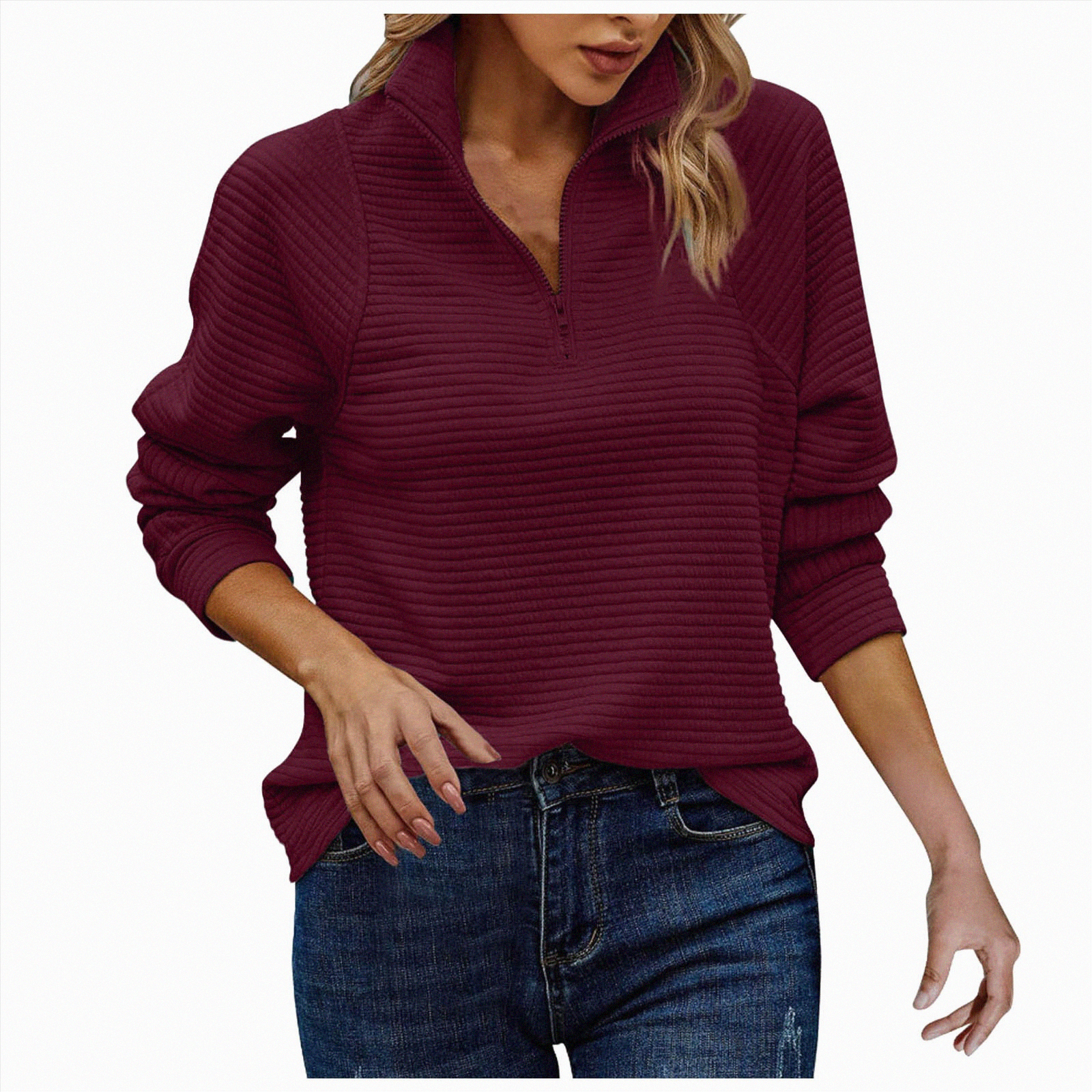 Women Sweatshirts Zip Turndown Collar Loose Casual Tops Clothes