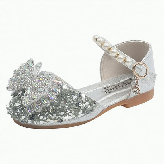 Ccpelsie Flower Girl Shoes Girls Dress Shoe Toddler Mary Jane Ballet Flats Princess Lace-Up Pearl Ankle Strap Dress Shoes for Wedding Party School(Silver,9)