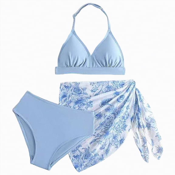 Ccpelsie Girl's 2 Piece Cute Swimsuit Bow Bikini Set Halter Triangle High Waisted Bathing Suit with Cover Up(Blue,7-8 Years)