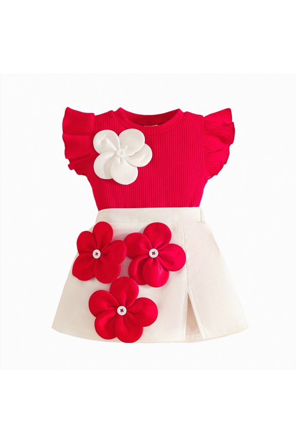 Girl's 2 Piece Set Summer Outfits Cute Bowknot Graphic Tees and Shorts Casual Clothing Set(Red,18-24 Months)