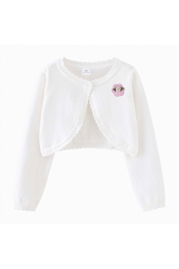 Girl's Front Long Sleeve Crochet Cardigan Out Long Sleeve Knit Fall and Winter Top 5-14Y(White,5-6 Years)
