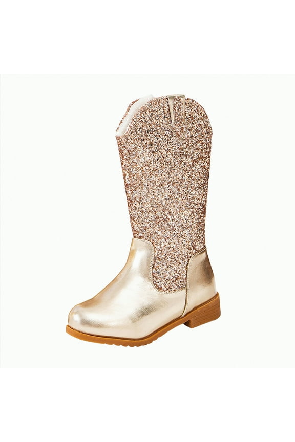 Girl's Kid's Cute Zipper Flat Heel Mid Calf Boot Shoes(Gold,11)