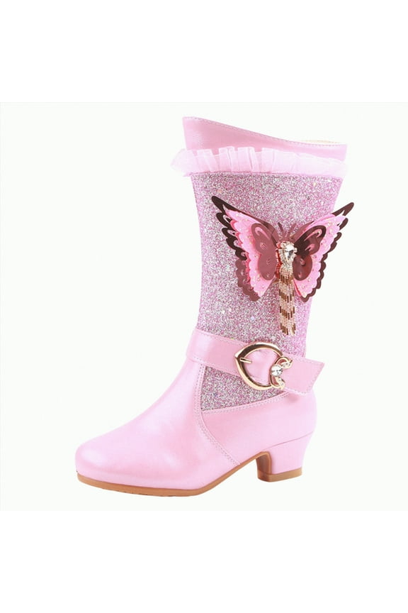 Girl's Knee High Boots Side Zipper Boots Riding Boots Heels Shoes(Pink,13.5)