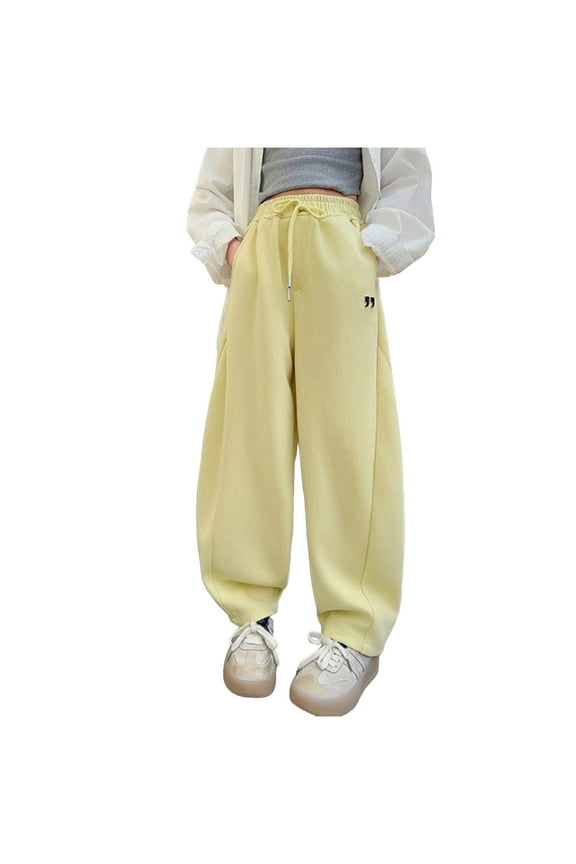 Girl's Lightweight Drawstring Sweatpants Jogger Pants with Pockets, Soft Cotton Jogging Pants(Yellow,13-14 Years)
