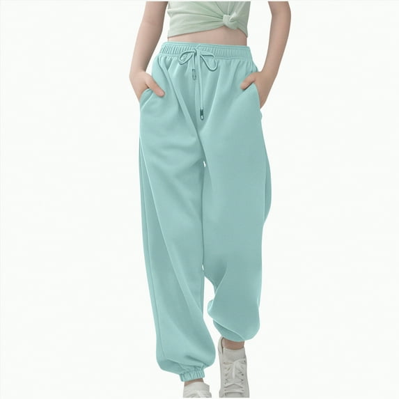 Ccpelsie Girl's Sweatpants Elastic Waist Wide Straight Leg Pants High Waisted Casual Baggy Jogger Pants(Blue,13-14 Years)
