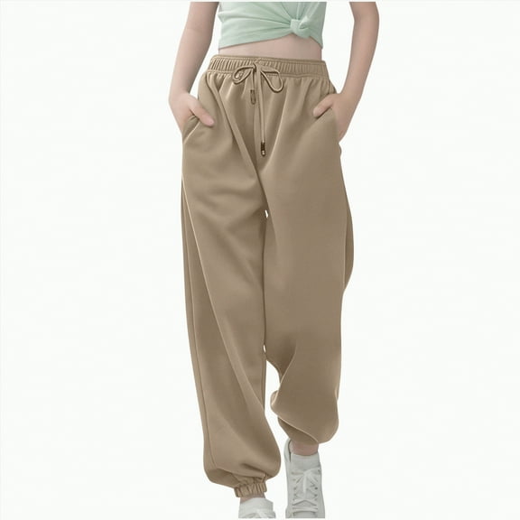 Ccpelsie Girl's Sweatpants Elastic Waist Wide Straight Leg Pants High Waisted Casual Baggy Jogger Pants(Khaki,7-8 Years)