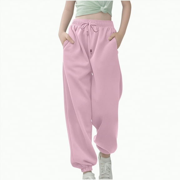 Ccpelsie Girl's Sweatpants Elastic Waist Wide Straight Leg Pants High Waisted Casual Baggy Jogger Pants(Light Pink,5-6 Years)