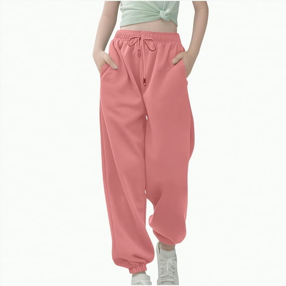 Ccpelsie Girl's Sweatpants Elastic Waist Wide Straight Leg Pants High Waisted Casual Baggy Jogger Pants(Pink,13-14 Years)