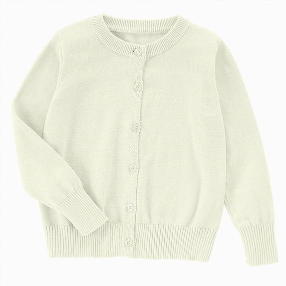 Ccpelsie Girls Cardigan Basic Uniform Long Sleeve Crewneck Cardigan Sweaters for Fall Winter(White,4-5 Years)
