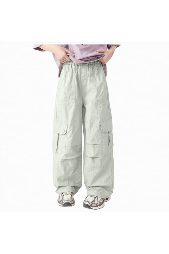 Girls Casual Baggy Cargo Pants with Elastic Waist and Utility Pockets Loose Fit Wide Leg Trousers for Spring Everyday Wear(Green,5-6 Years)