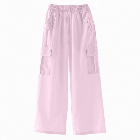 Ccpelsie Girls Casual Cargo Pants with Elastic Waist and Functional Pockets Loose Fit Wide Leg Trousers Y2K Inspired Spring Style(A01-Purple,6-7 Years)
