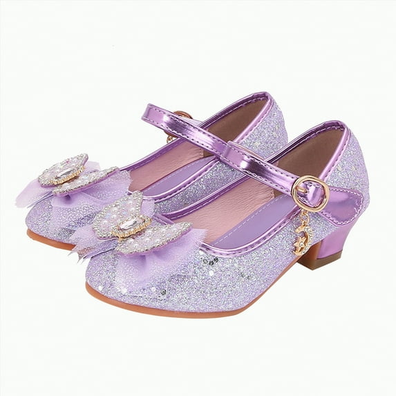 Ccpelsie Girls Dress Shoes Glitter Princess Shoe Flower Mary Jane Low Heels Party Wedding Prom Footwear for Toddler Kids(Purple,3.5 )
