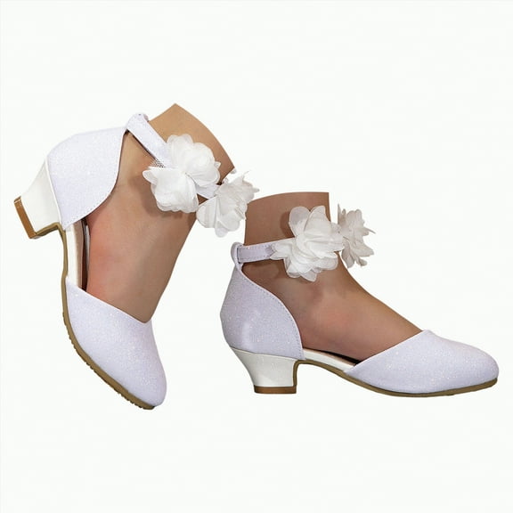 Ccpelsie Girls Dress Shoes Mary Jane Heel Party Flower Wedding Princess Pumps for Big/Little Kid(Beige,4)