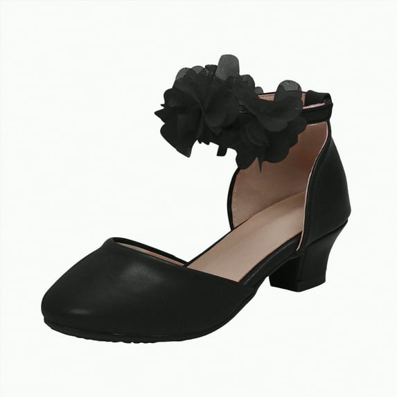 Ccpelsie Girls Dress Shoes Mary Jane Heel Party Flower Wedding Princess Pumps for Big/Little Kid(Black,4)