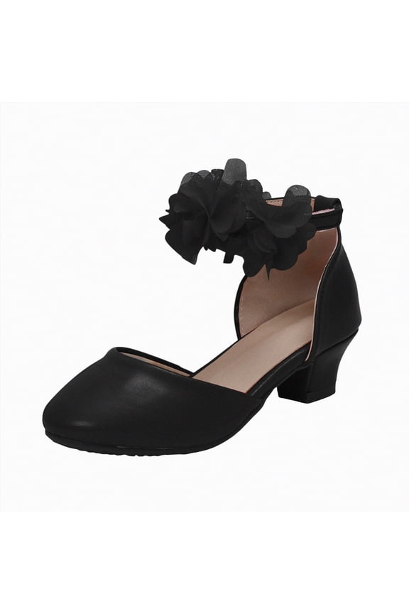 Girls Dress Shoes Mary Jane Heel Party Flower Wedding Princess Pumps for Big/Little Kid(Black,4)