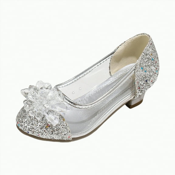 Ccpelsie Girls Dress Shoes Mary Jane Wedding Flower Bridesmaids Heels Glitter Princess Shoes for Kids Toddler(Silver,12)