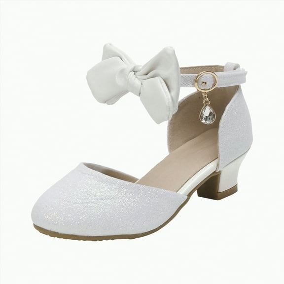 Ccpelsie Girls Dress Shoes Mary Jane Wedding Party Heel Glitter Bow Princess Flower Shoes for Kid Toddler(Beige,2)