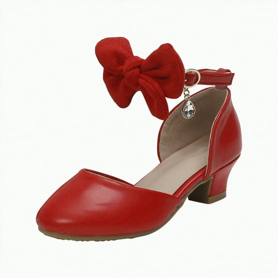 Ccpelsie Girls Dress Shoes Mary Jane Wedding Party Heel Glitter Bow Princess Flower Shoes for Kid Toddler(Red,12.5)