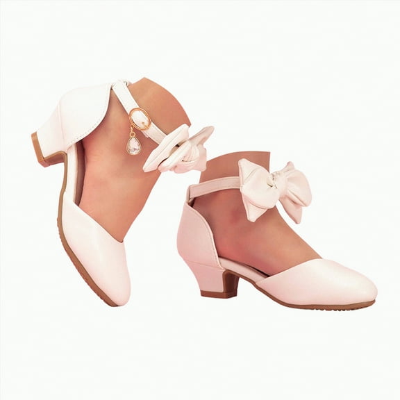 Ccpelsie Girls Dress Shoes Mary Jane Wedding Party Heel Glitter Bow Princess Flower Shoes for Kid Toddler(White,2)