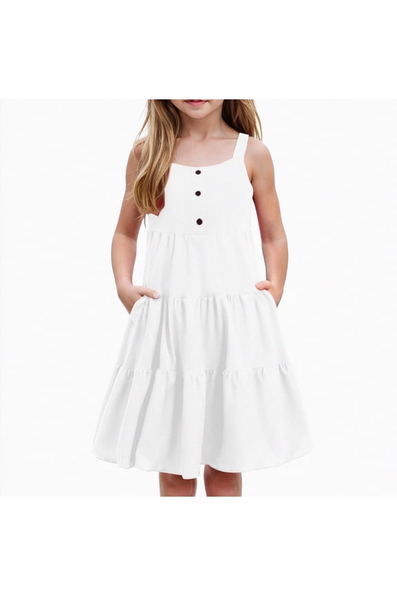 Girls Dress for Kids Square Neck Flutter Dresses Summer Casual Dressy Frocks(White,6-7 Years)