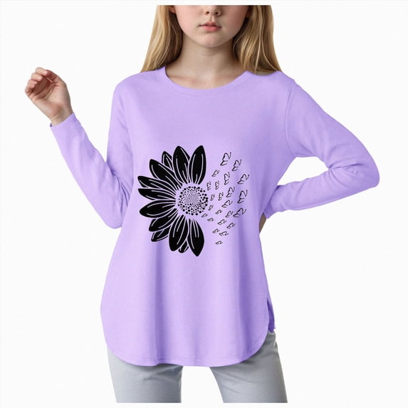 Ccpelsie Girls Fall Winter T-shirts Kids Long Sleeve Crewneck Shirts Fall Tops Tees 5-14Years Purple,13-14 Years
