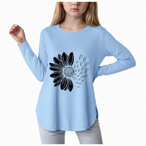 Ccpelsie Girls Fall Winter T-shirts Kids Long Sleeve Crewneck Shirts Fall Tops Tees 5-14Years Sky Blue,11-12 Years