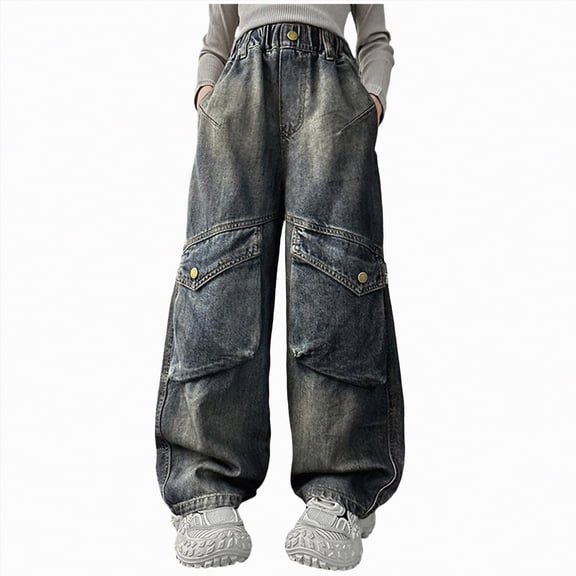 Ccpelsie Girls Jeans Baggy Pants Wide Leg Denim Ripped Kid Clothes Outfits Casual for Kids(Black,10-11 Years)