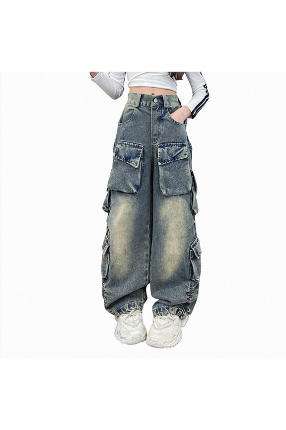 Girls Jeans Elastic Band Straight Leg Jeans with Pockets Vintage Y2k Streetwear Teen Clothes(Blue,5-6 Years)