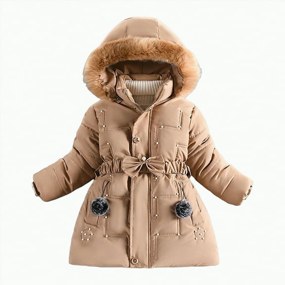 Ccpelsie Girls Long Sleeve Puffer Jacket for Kids Zip Up Hooded Coat with Pocket for Toddler(Khaki,3-4 Years)